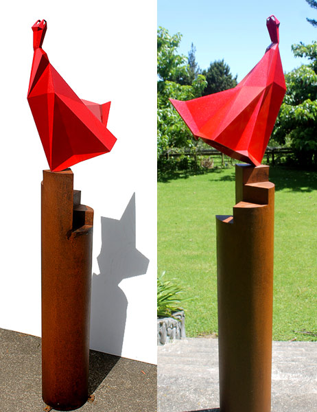 Anna Korver nz sculptor, red dress, steel